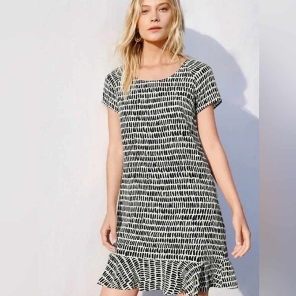 Garnet Hill Womens Black White Silk Dash Print Ruffle Hem Shift Dress Size 8